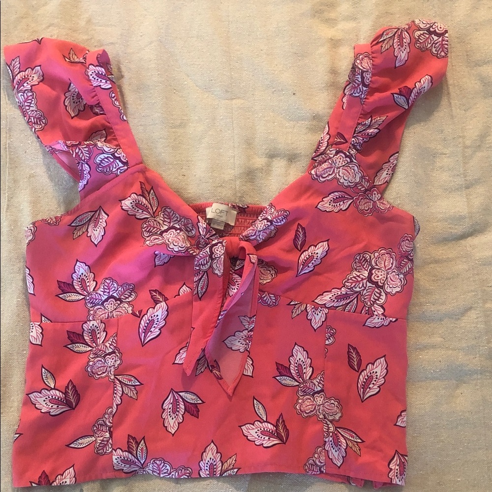 LOFT Coral-Pink Floral Tie-Front Crop Top